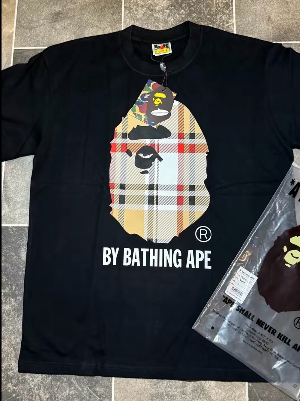 Bape Black Tee with Plaid Ape Head Graphic and Red Accents